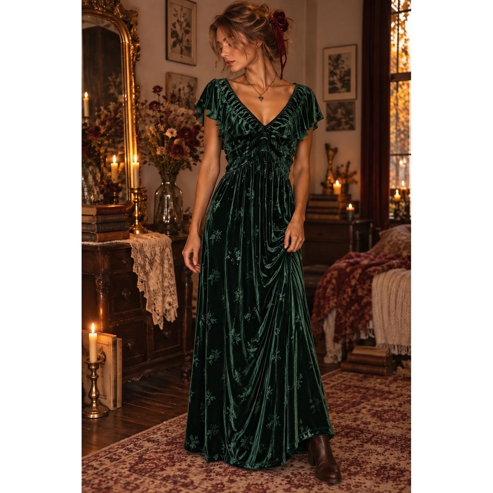 Eyeshadow XL Green Velvet Maxi Dress Whimsigoth Fairy Grunge Romantic Goth NWT